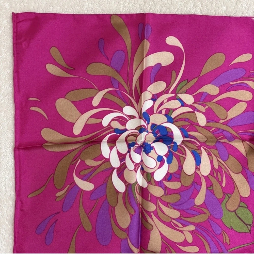 Christian Dior Silk Scarf 30in Fuchsia Pink Floral Botanical Leaves Design